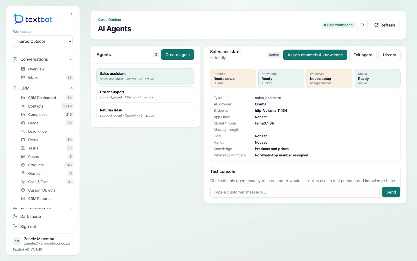 AgentDesk — an AI agent with its knowledge, number and test console