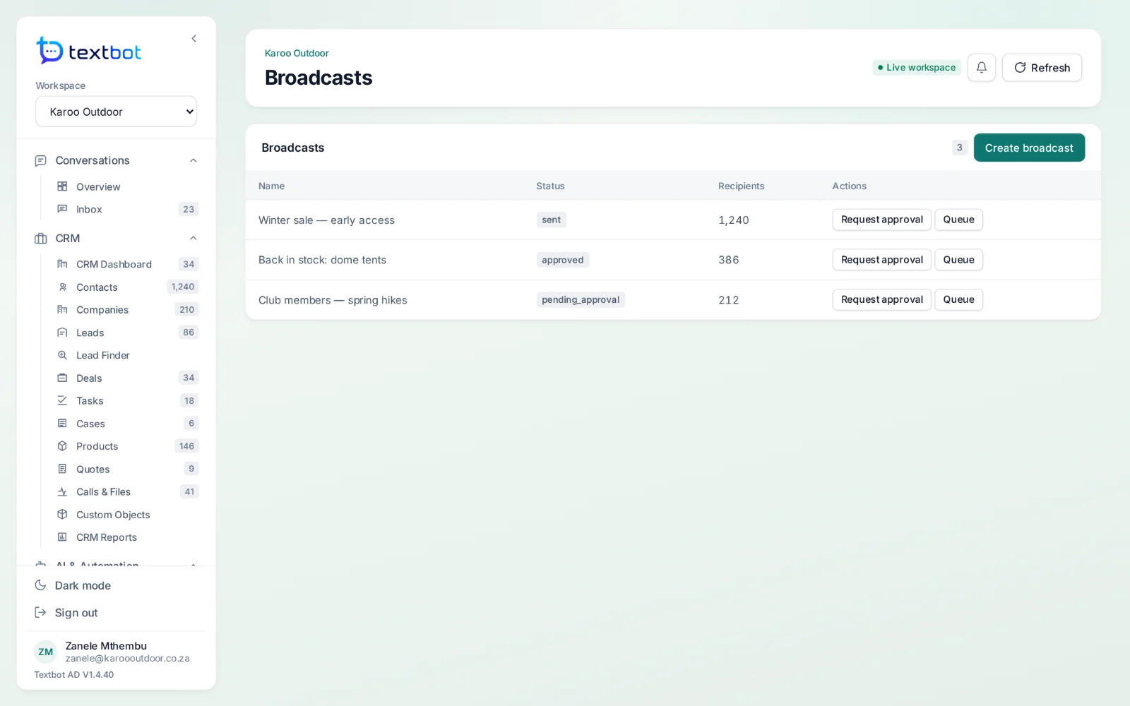 AgentDesk — broadcasts, with their status and recipients