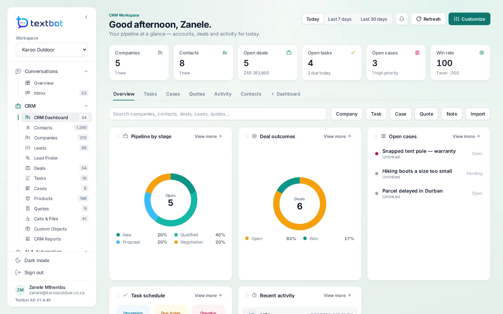 AgentDesk — the CRM dashboard: pipeline, outcomes, open cases and tasks