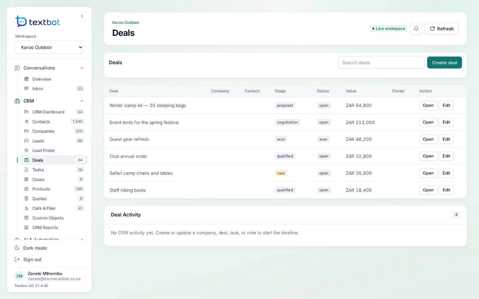 AgentDesk — deals with their company, stage, value and owner