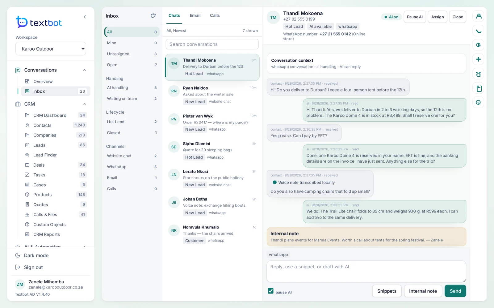 AgentDesk — the shared inbox, with an AI agent answering a WhatsApp customer