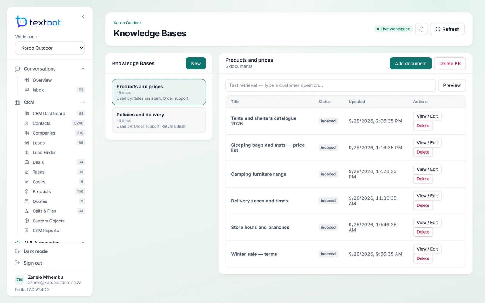 AgentDesk — a knowledge base and its documents