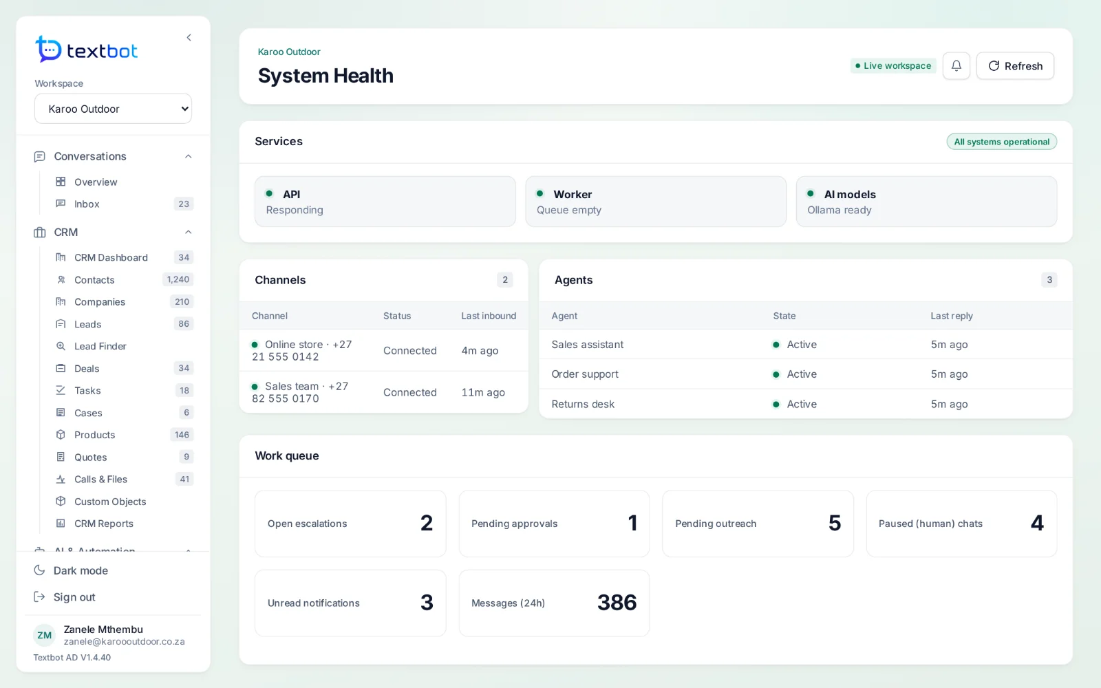 AgentDesk — system health: services, channels and the work queue