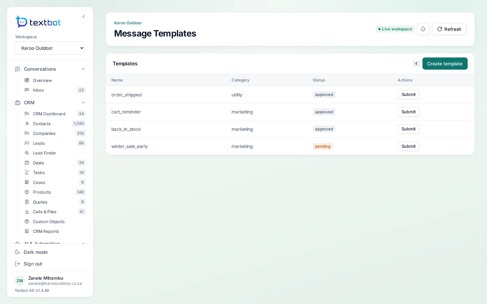 AgentDesk — message templates and their approval status