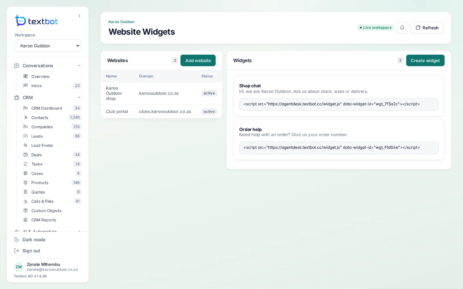 AgentDesk — websites and their chat widgets