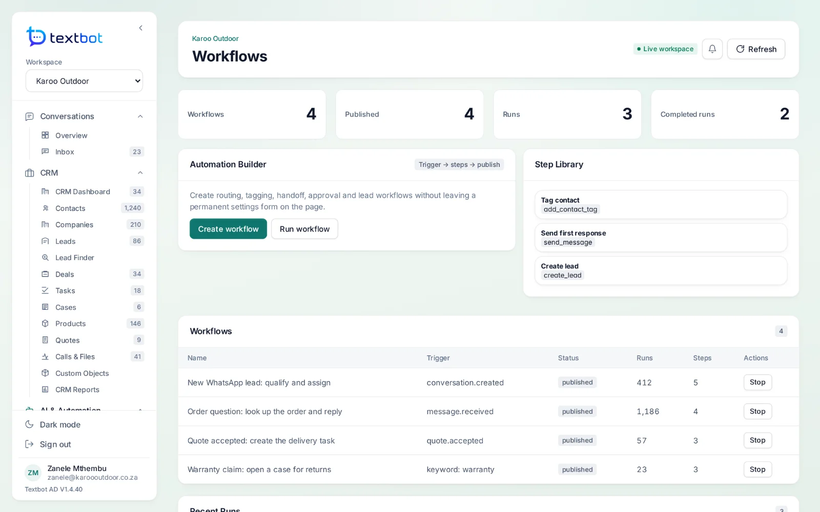 AgentDesk — workflows and their recent runs