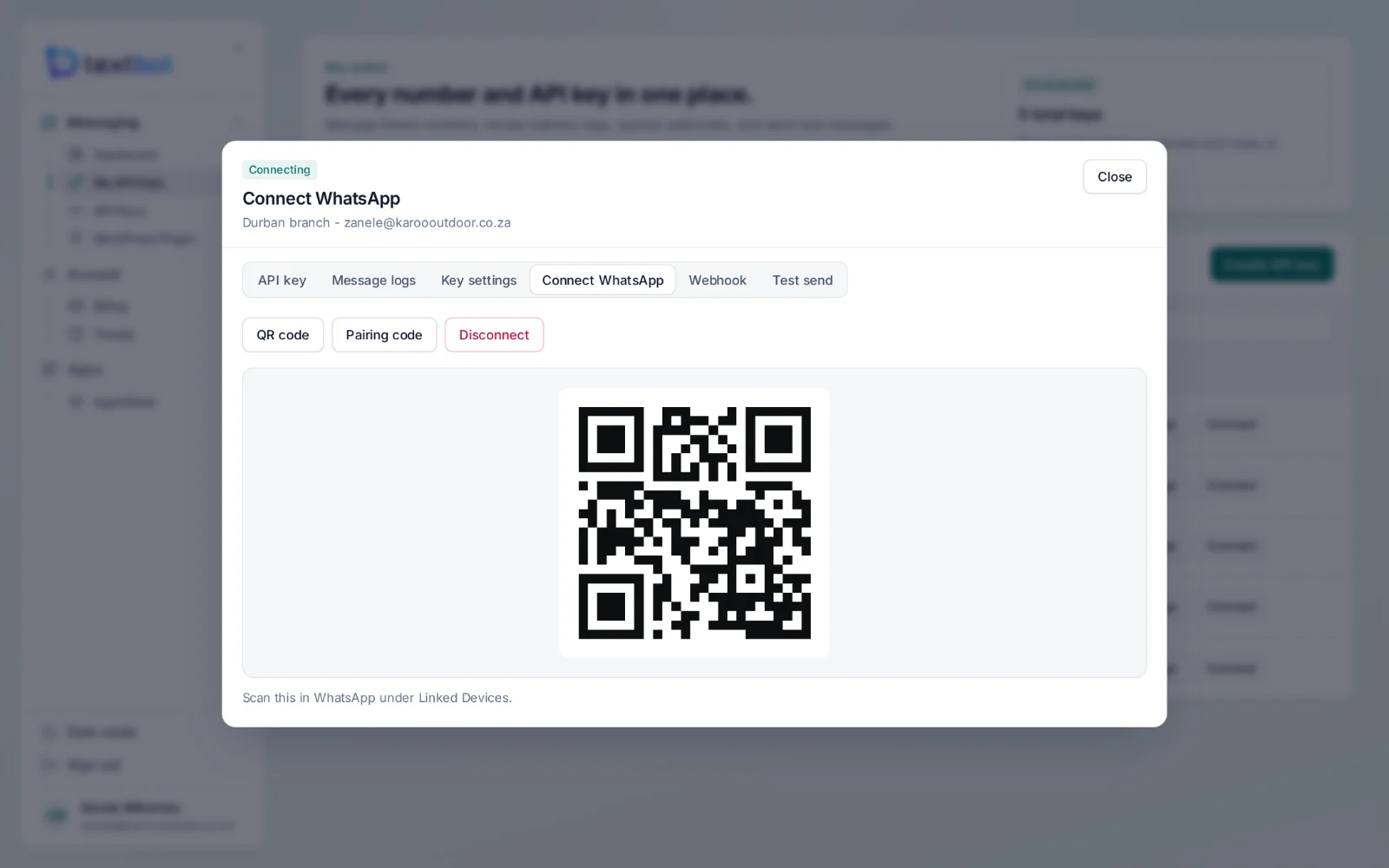 TextBot — the QR code that links a WhatsApp number to a key