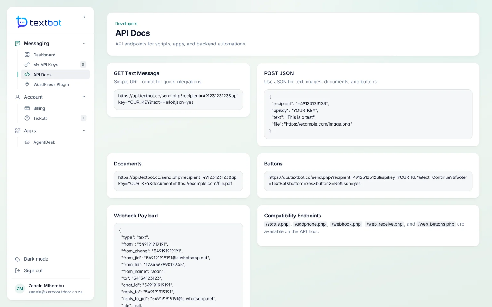 TextBot — the API documentation in the portal