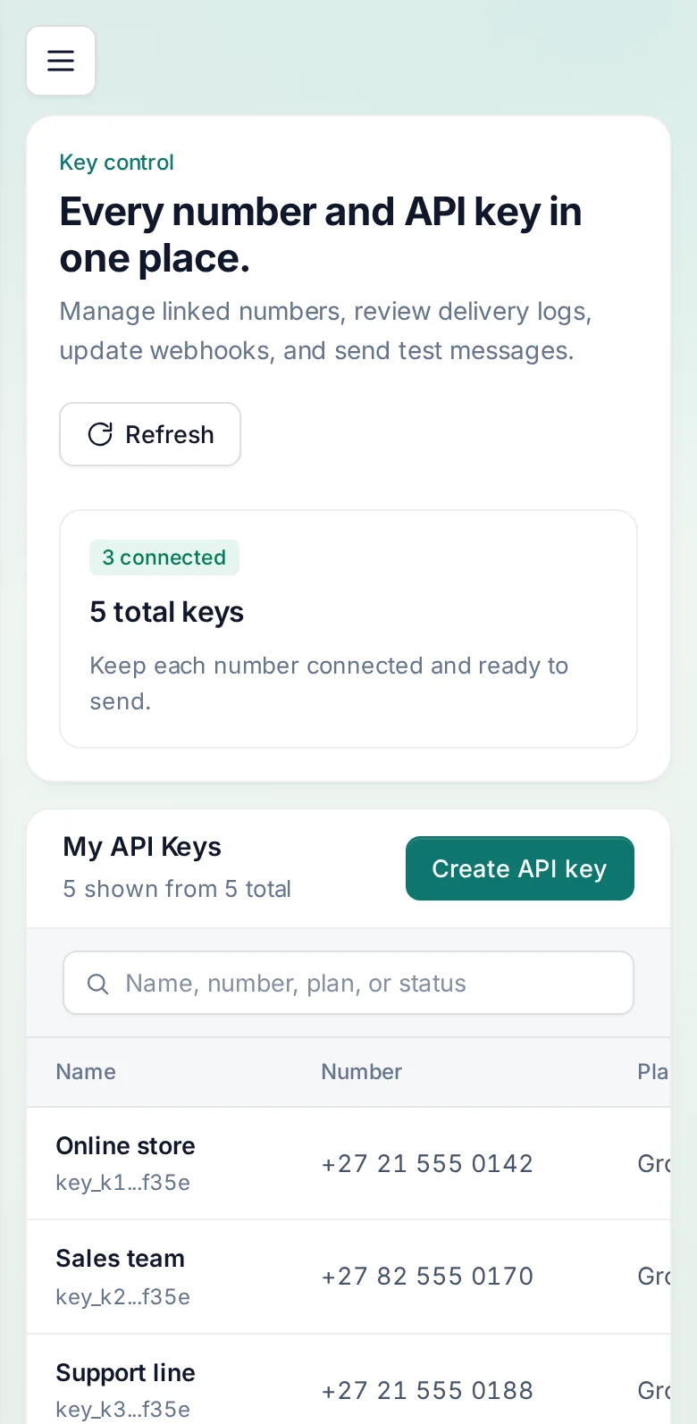 TextBot — numbers and API keys on a phone