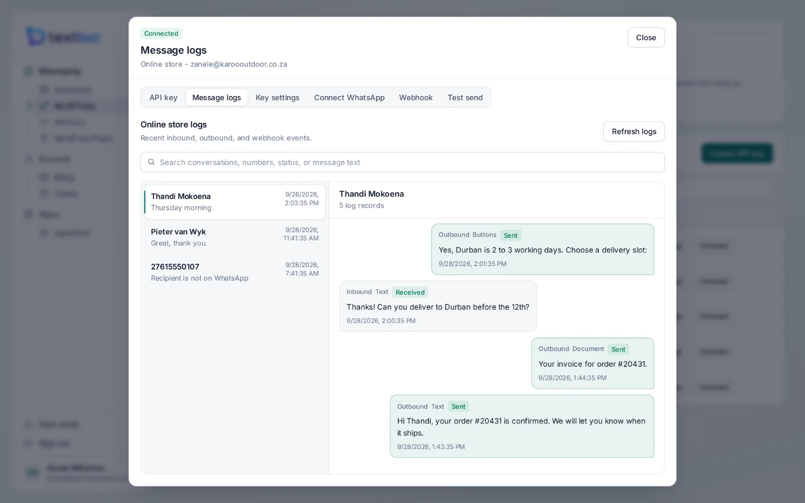 TextBot — the message log of one key, threaded by number