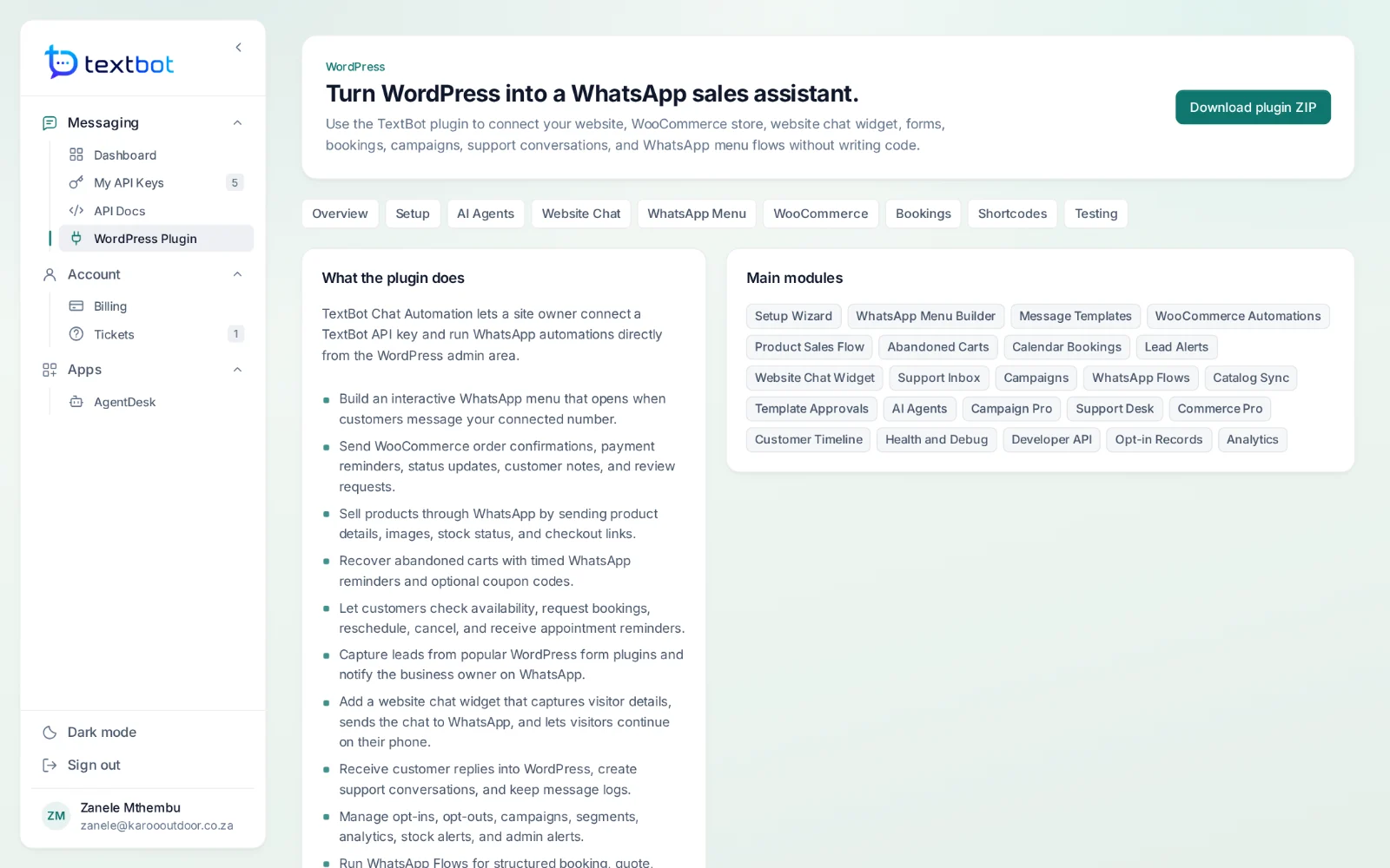 TextBot — the WordPress plugin guide in the portal