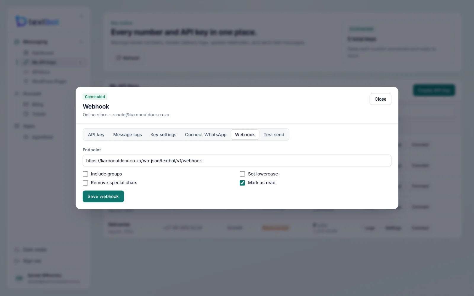 TextBot — the webhook settings of a key